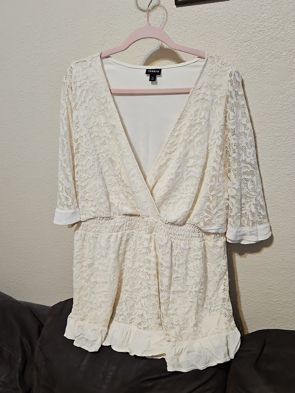 torrid Cream Lace V-Neck Tunic with Ruffle Hemline